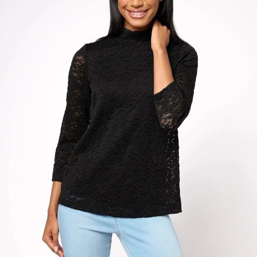 Susan Graver Occasions Black Button Mock Neck Lace Floral 3/4 Sleeve Top Medium